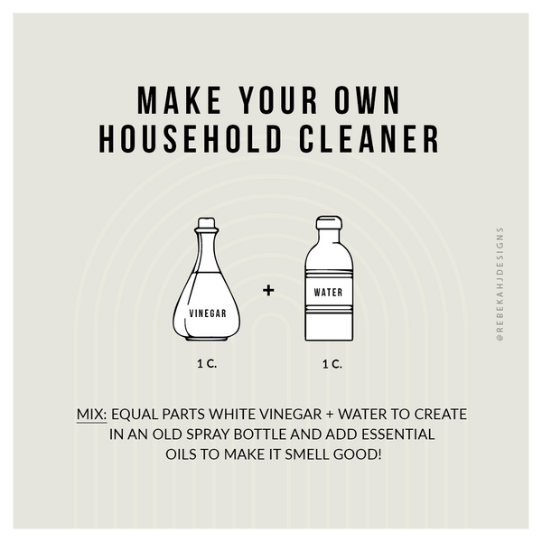 Household Cleaner recipe: mix: equal parts white vinegar + water to create in an old spray bottle and Add essential oils to make it smell good!
