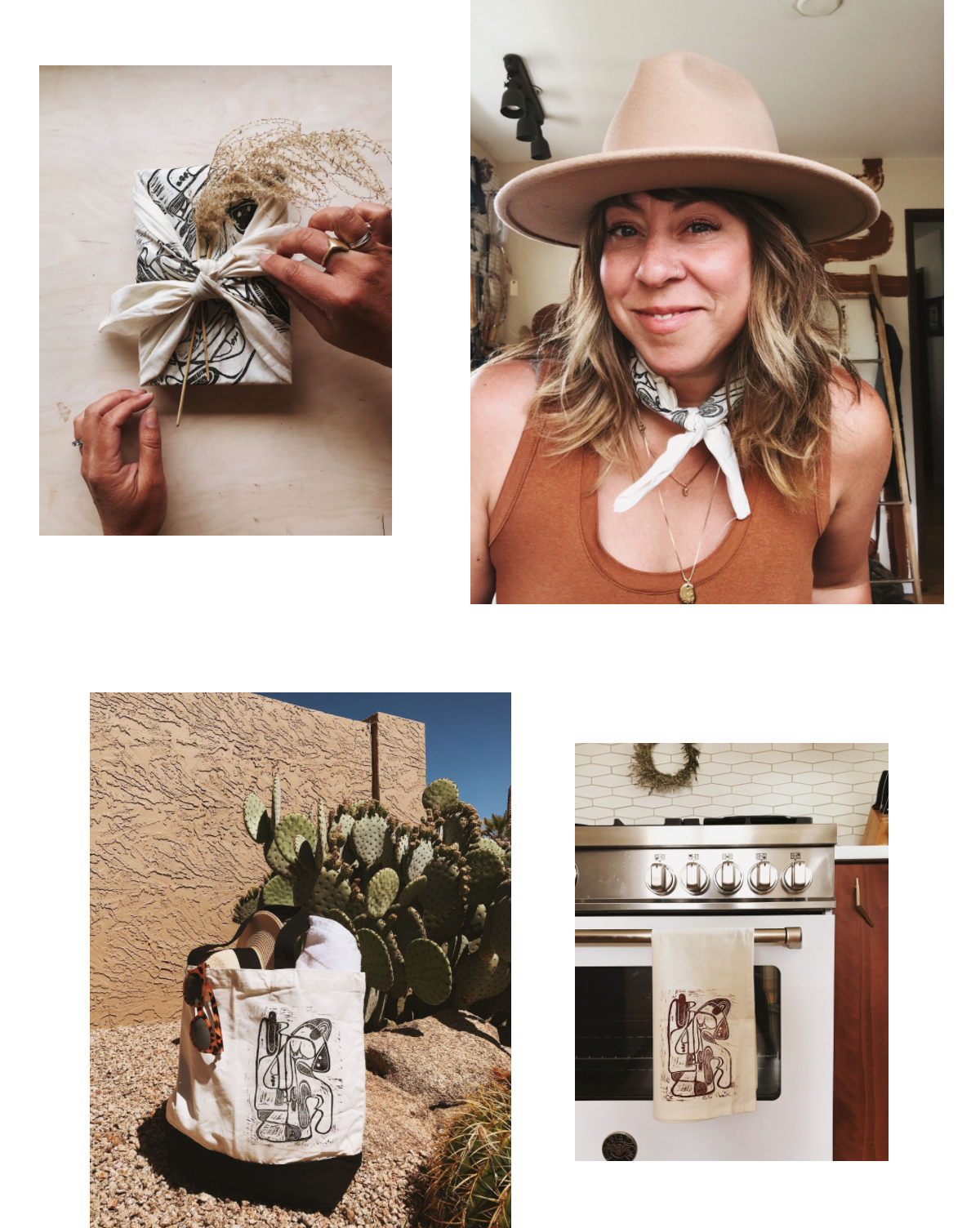 images of block printed goods, a gift being wrapped in a cloth, a woman in a hat wearing a bandana, a black and white bag filled with a towel, sunglasses and a hat, sitting on the ground in front of a cactus