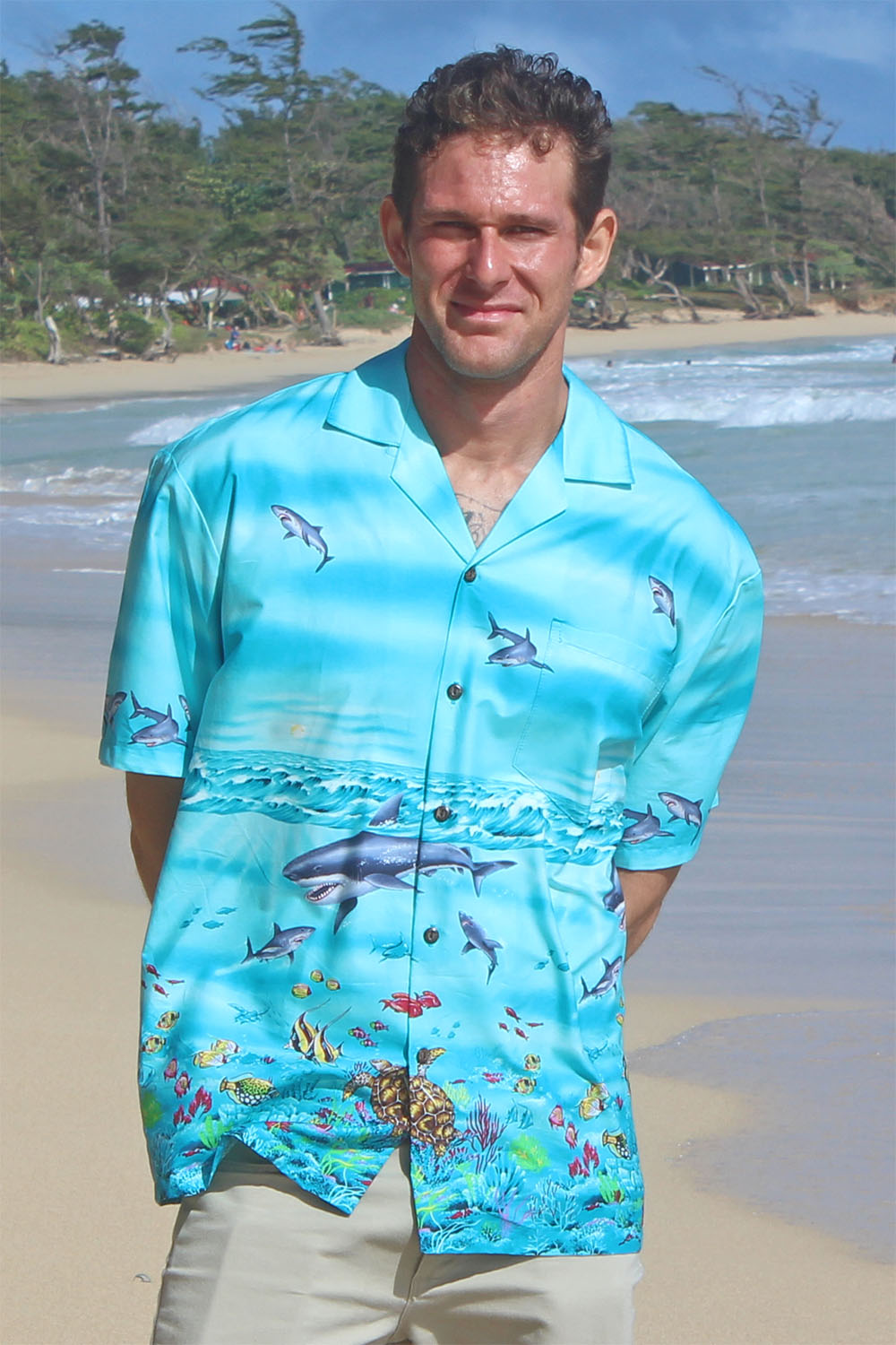 Yves Shark Storm border print Hawaiian shirt made of 100% cotton