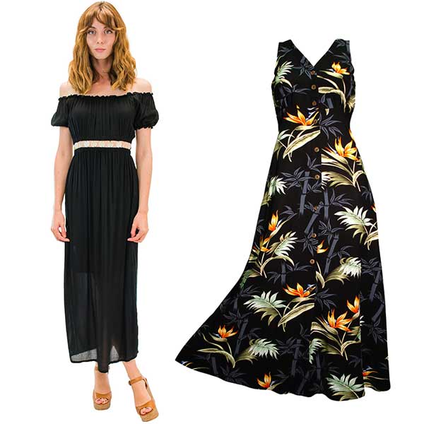 Angels by the Sea black dress and a long Bamboo Paradise Hawaiian dress