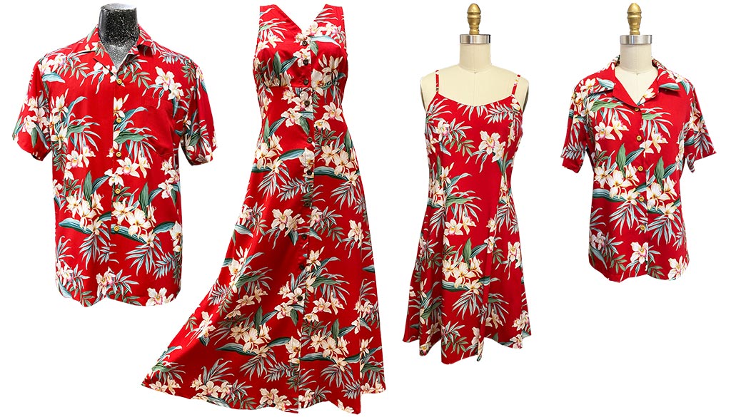 Ginger Orchid red Hawaiian shirts, tops, and dresses