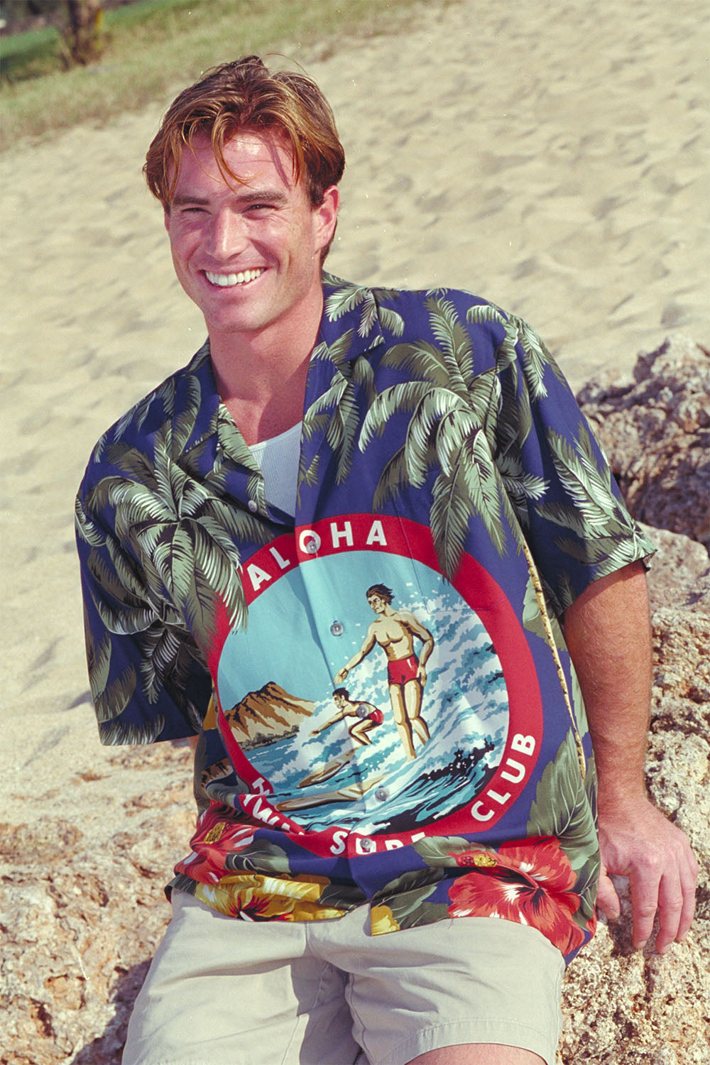 Engineered Aloha shirt with surfers in front of Diamond Head