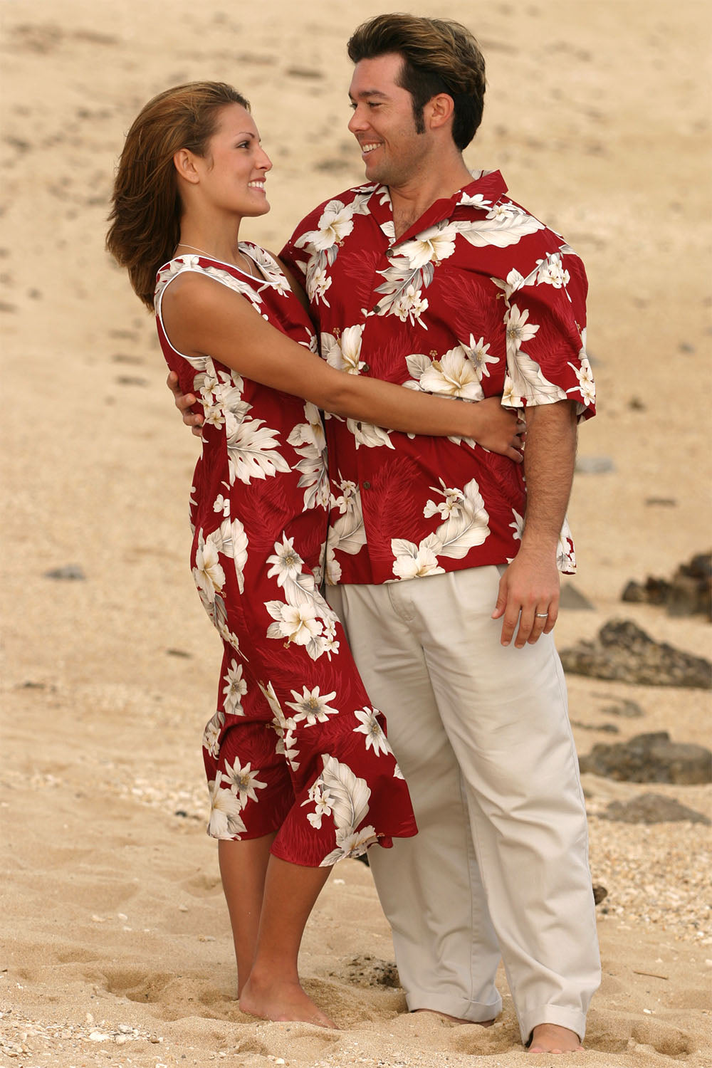 Lindsay and Dave in Matching Floral Garden Hawaiian Shirt and Dress