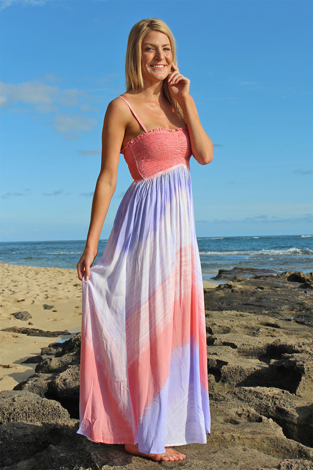 Loryn in  Wave print Angels by the Sea dress