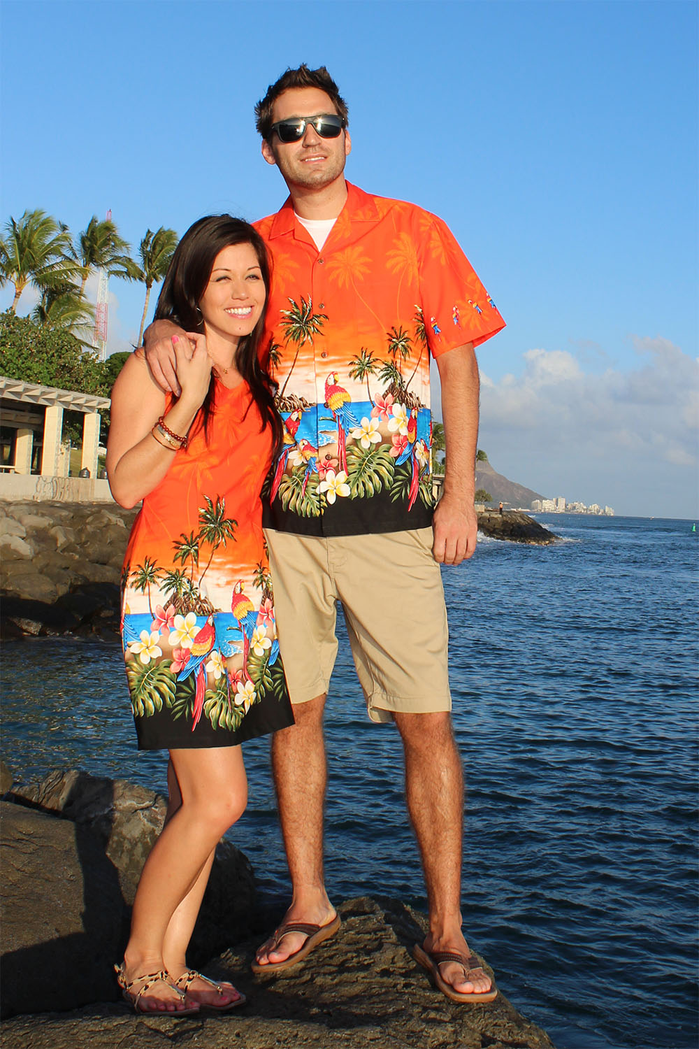 matching parrot Hawaiian dress and shirt
