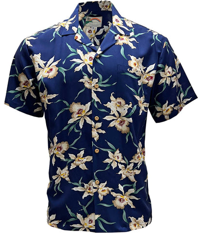 Star Orchid Men's Aloha Shirt in Navy