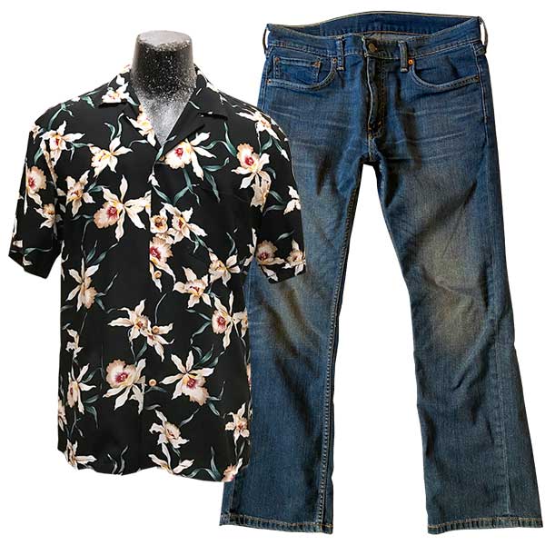 Star Orchid (Magnum PI) Hawaiian shirt with blue jeans