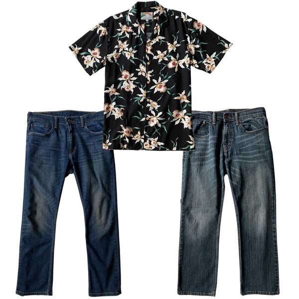 Star Orchid black Hawaiian shirt with two pairs of blue jeans