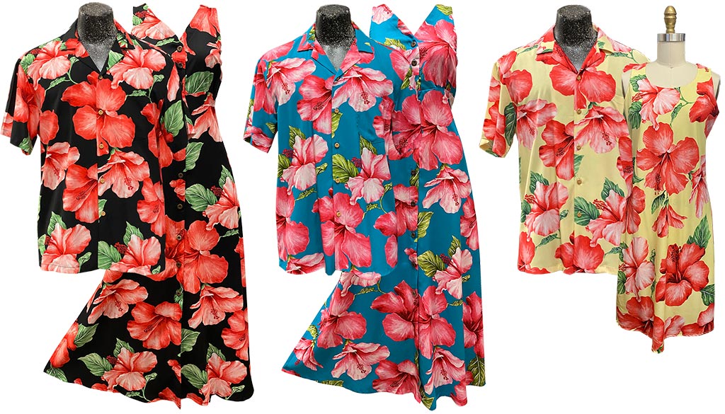 Super Hibiscus collection of shirts and dresses by Paradise Found