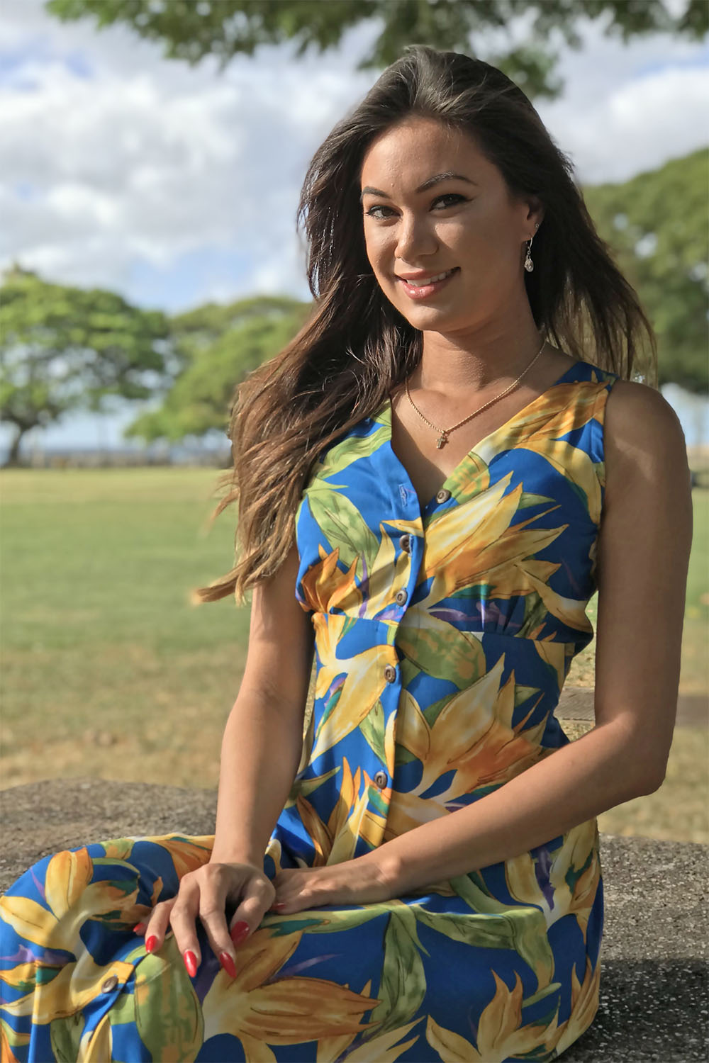 Liz in long Watercolor Paradise Hawaiian dress