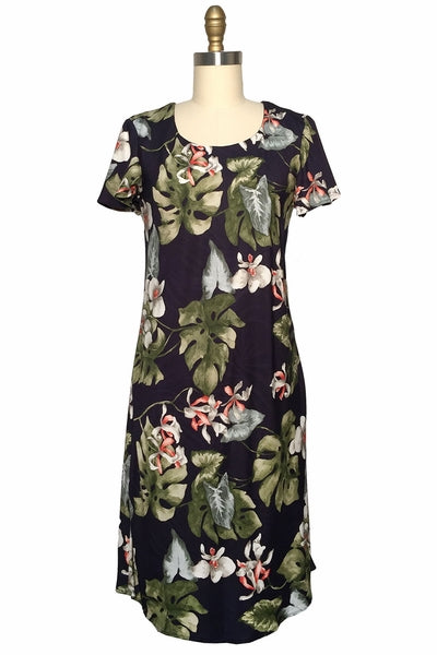 Orchid Monstera Black A-Line Dress with Cap Sleeves - AlohaFunWear.com