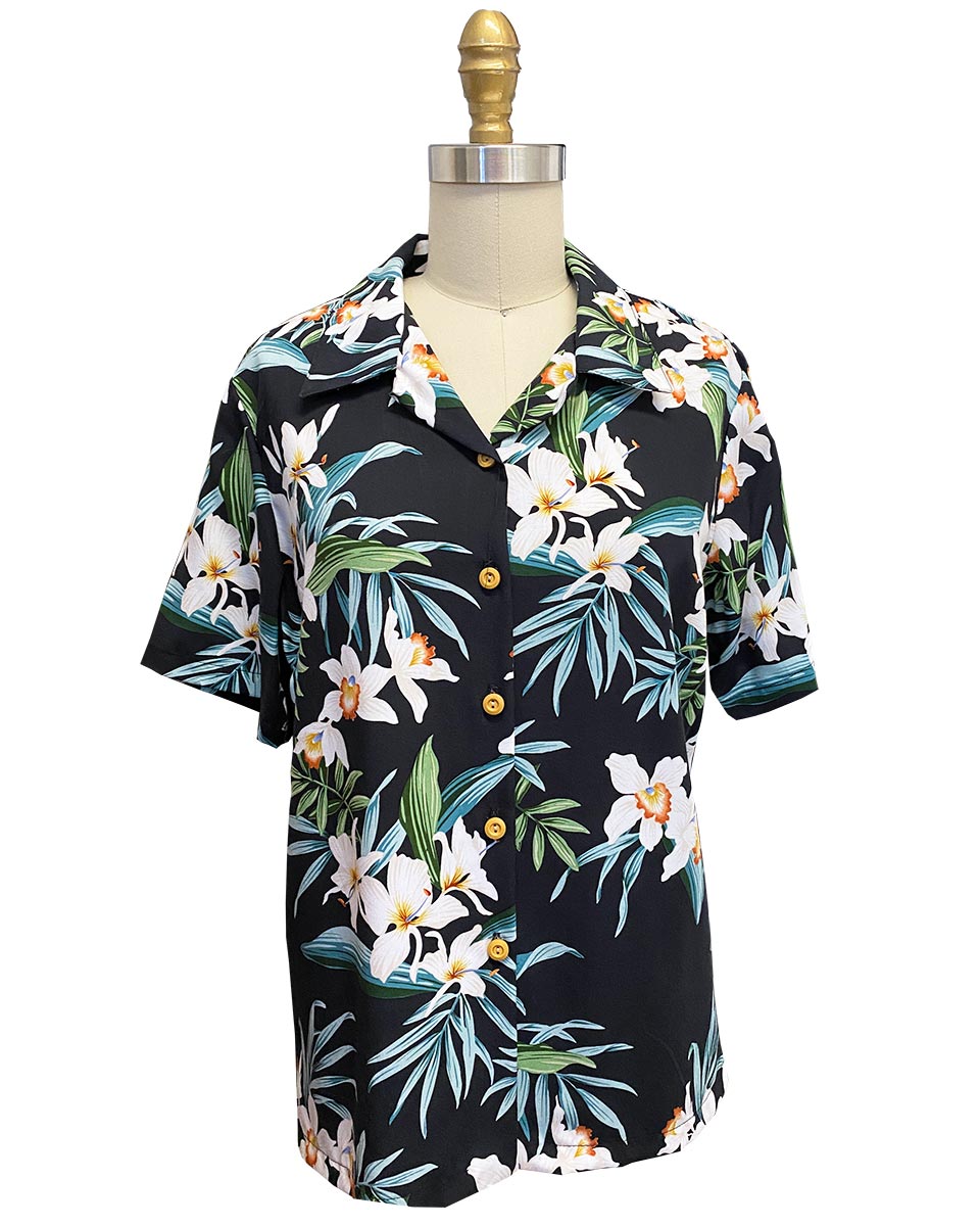 Women's Ginger Orchid Black Camp Shirt - AlohaFunWear.com