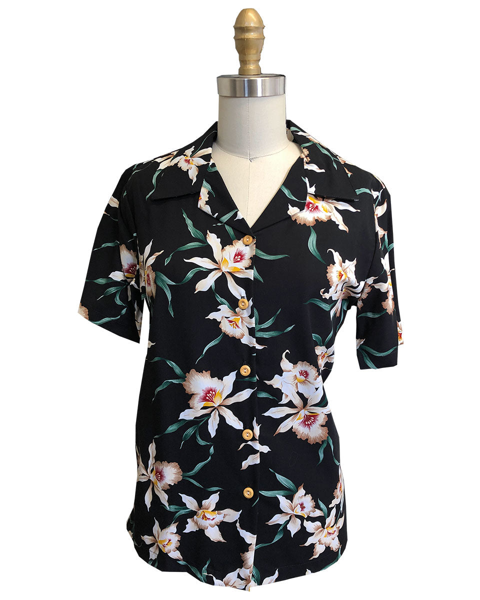 Women's Magnum Orchid Black Camp Shirt - AlohaFunWear.com