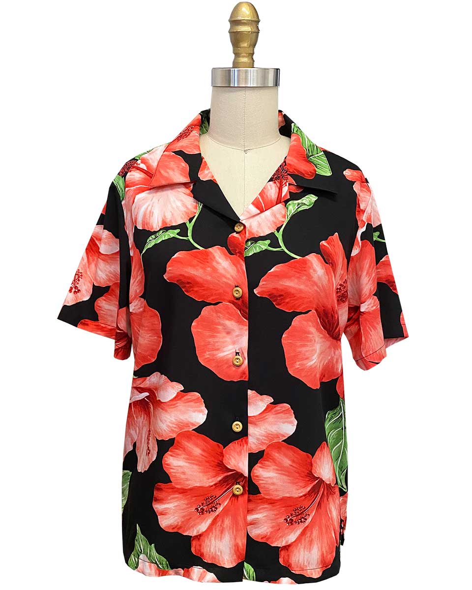 Women's Super Hibiscus Black Camp Shirt - AlohaFunWear.com