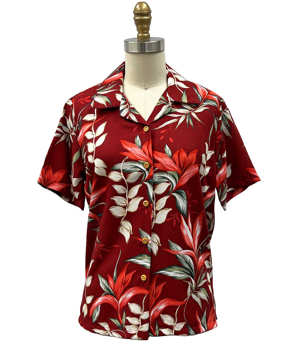 Heliconia Paradise Red Camp Shirt - AlohaFunWear.com