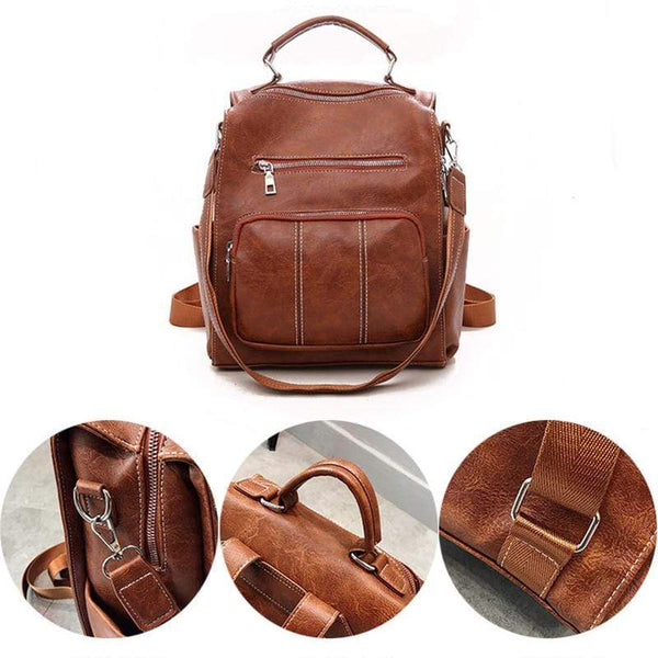 Women Casual Vintage Large Capacity Multi Pockets Leather Backpack Sho ...