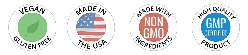 Made in the USA, vegan, gluten free, Non-GMO ingredients, GMP Certified