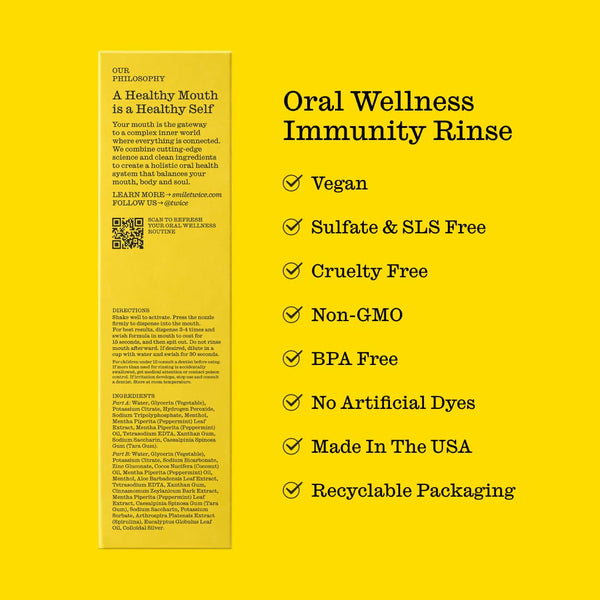 Packaging for Oral Wellness Immunity Rinse. Text reads: "Vegan, sulfate & SLS free, cruelty free, non-GMO, BPA free, no artificial dyes, made in the USA, recyclable packaging"