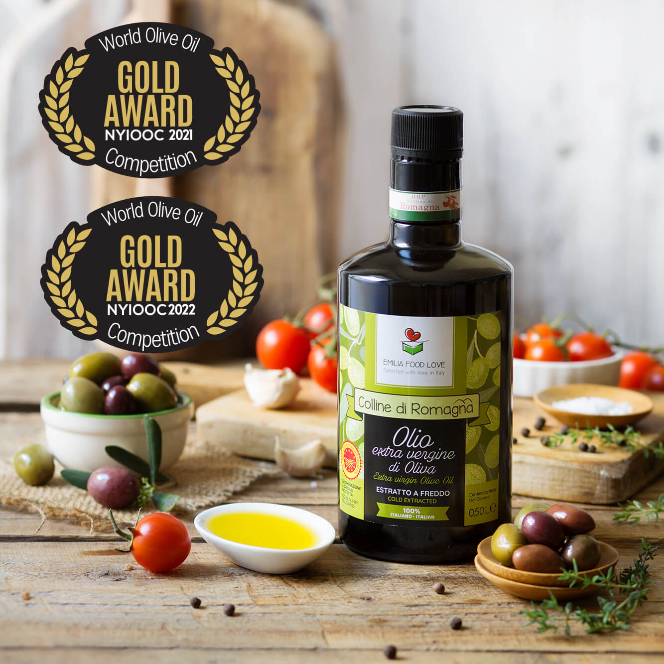 Extra Virgin Olive Oil "Colline di Romagna" DOP GOLD AWARD at NYIOOC - EMILIA FOOD LOVE USA product image