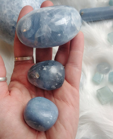 ic:From top to bottom, Blue Calcite, Celestine, and Angelite