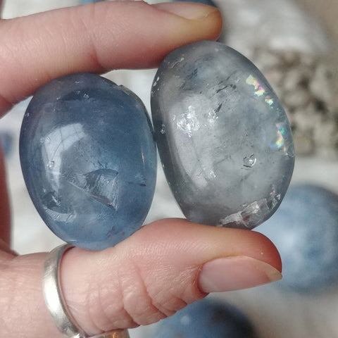 ic:Striking clarity as seen here in these 2 tumbles, is an unmistakable characteristic of Celestine.
