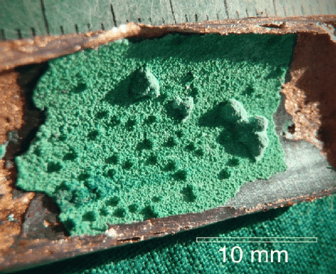 ic:Malachite found on the interior of a copper water pipe in Santa Fe, New Mexico