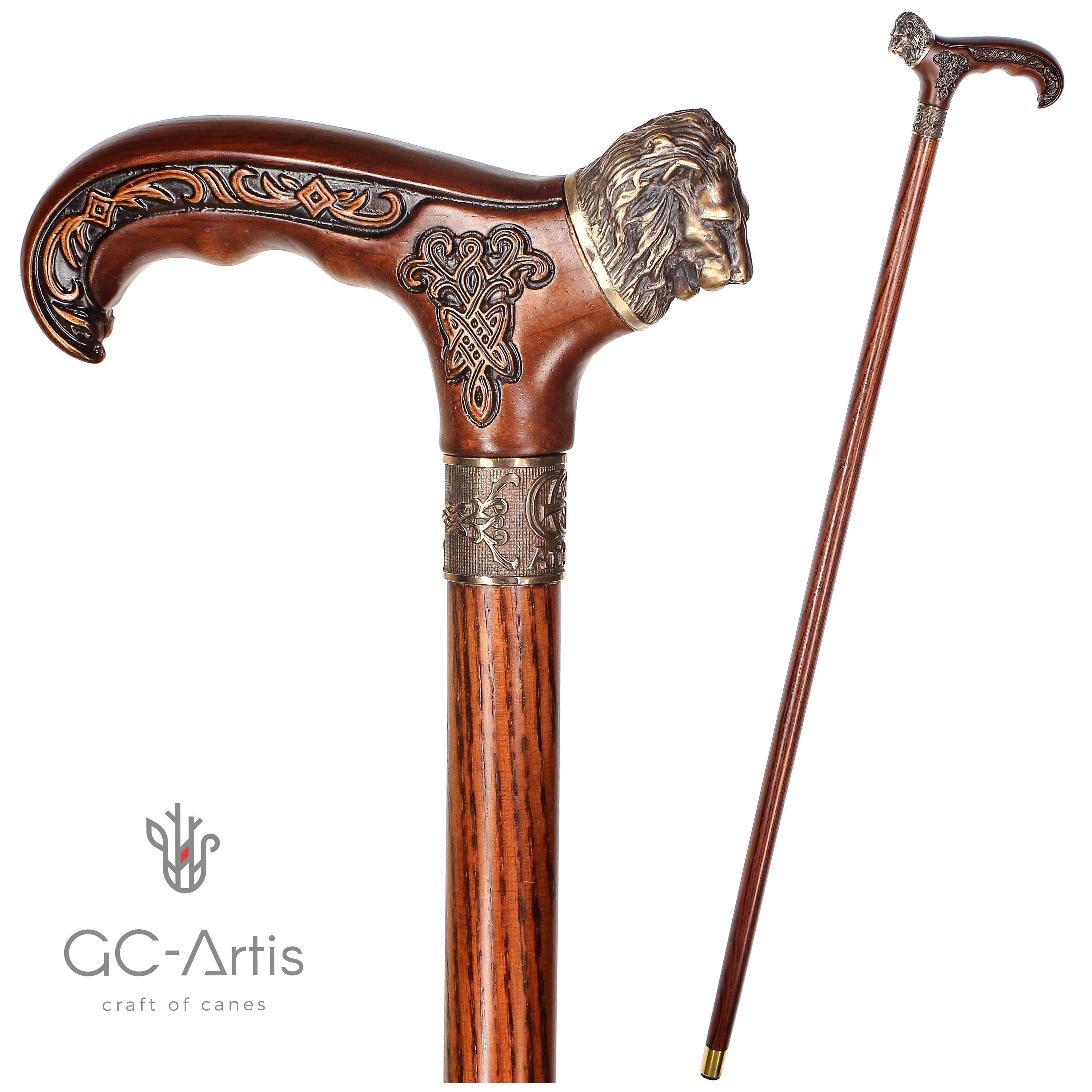 Lion Head Walking Stick Cane Bronze And Wood 5694