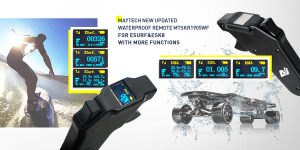 MAYTECH MTSKR1905WF V2 NEW WATERPROOF REMOTE CONTROL FOR ESK8/ESURF WITH DISPLAY AND WIRELESS CHARGING FUNCTIONS WITH RECEIVER