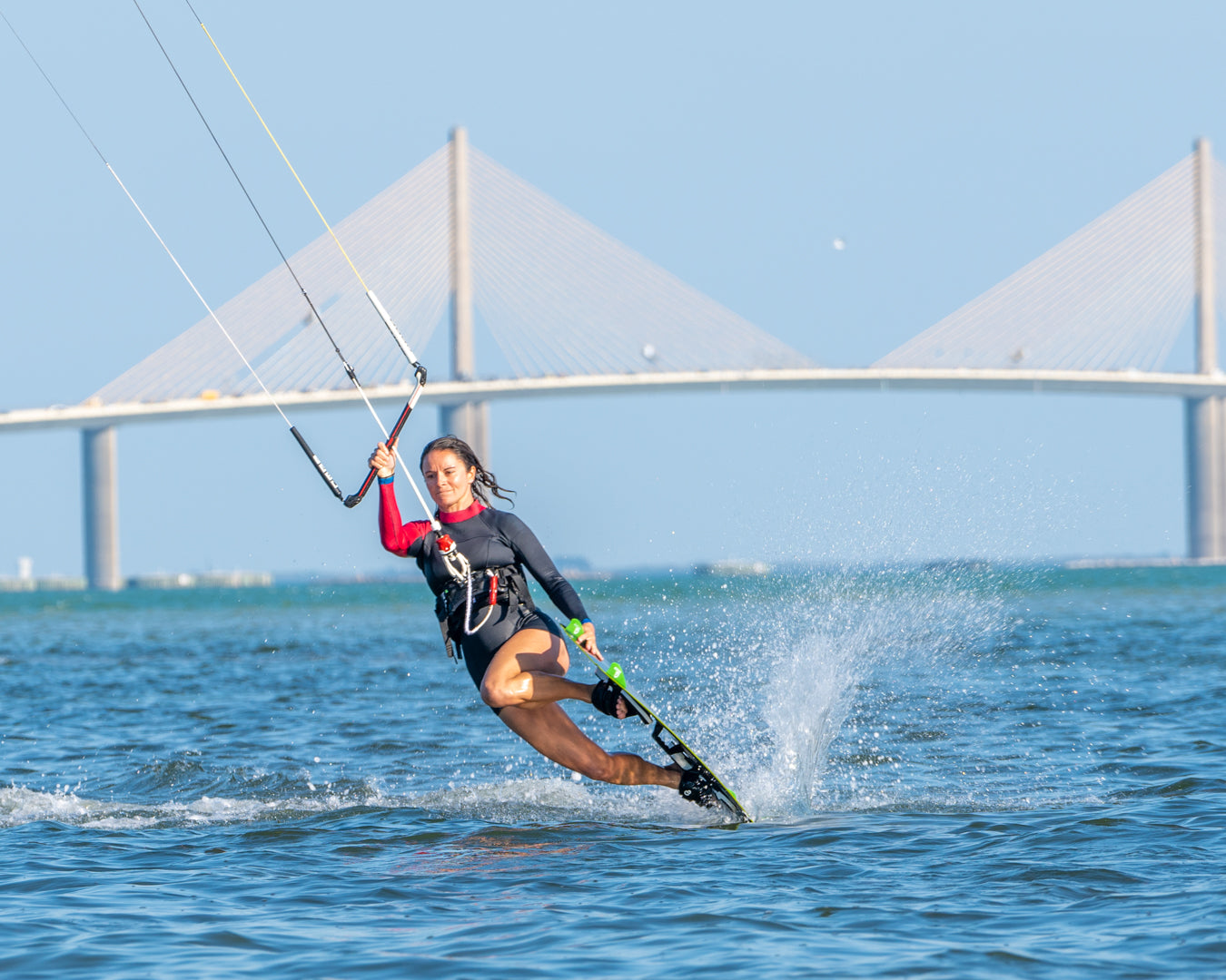 Kiteboarding with the skyway background