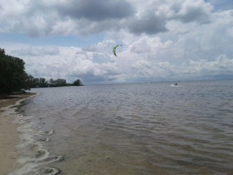 shore with water and a kite in the sky