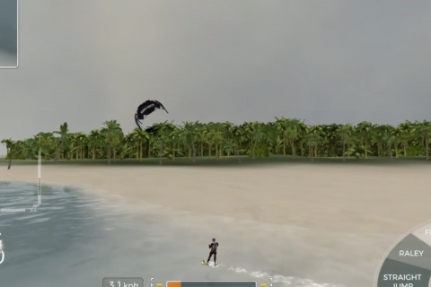 screenshot of a simulation training tool of someone kiteboarding on the beach