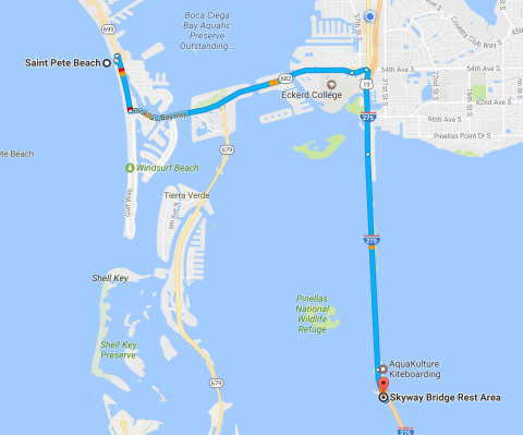 screenshot of directions from St. Pete Beach to the Skyway Bridge