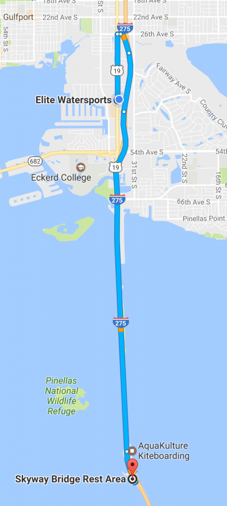 screenshot of directions from Elite Watersports store to the Skyway Bridge