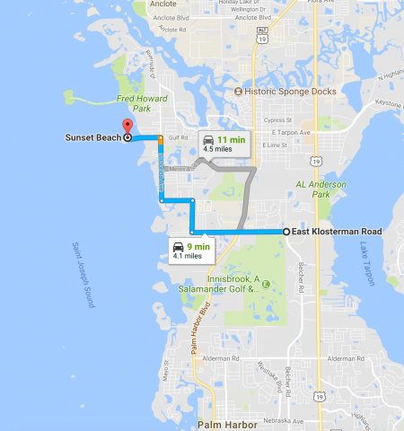 screenshot of directions from Tarpon Springs area to Sunset Beach