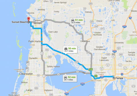 screenshot of directions from Tampa FL to Sunset Beach