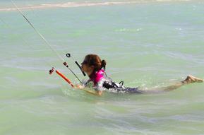 female with sunglasses on laying down in the water holding onto a kiteboarding bar