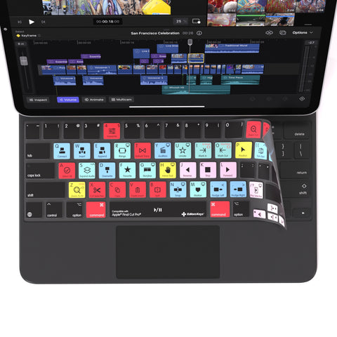 An iPad with Magic keyboard, with an Editors Keys Final Cut Pro editing cover on the keyboard