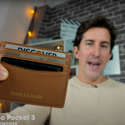 DJI Pocket 3 "product review" mode focusing on a Buckle and Band wallet
