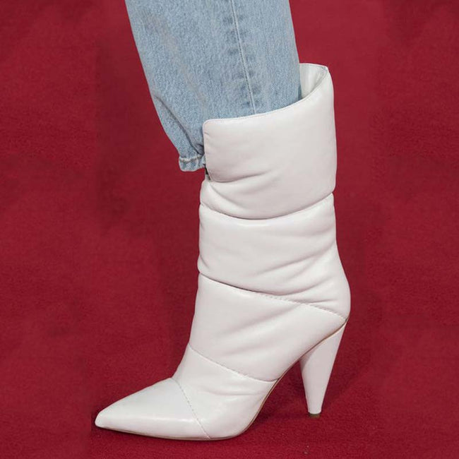 white cone heel boots