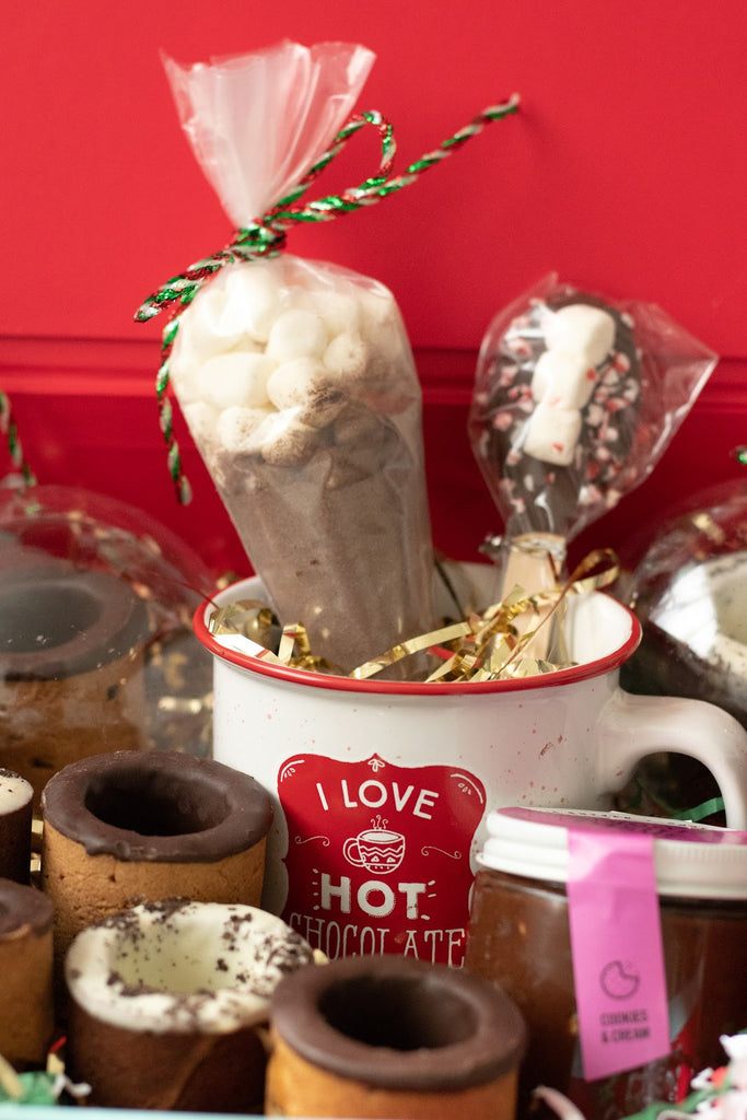 hot chocolate, chocolate chip cookies, cookie shots, holiday packages, care package