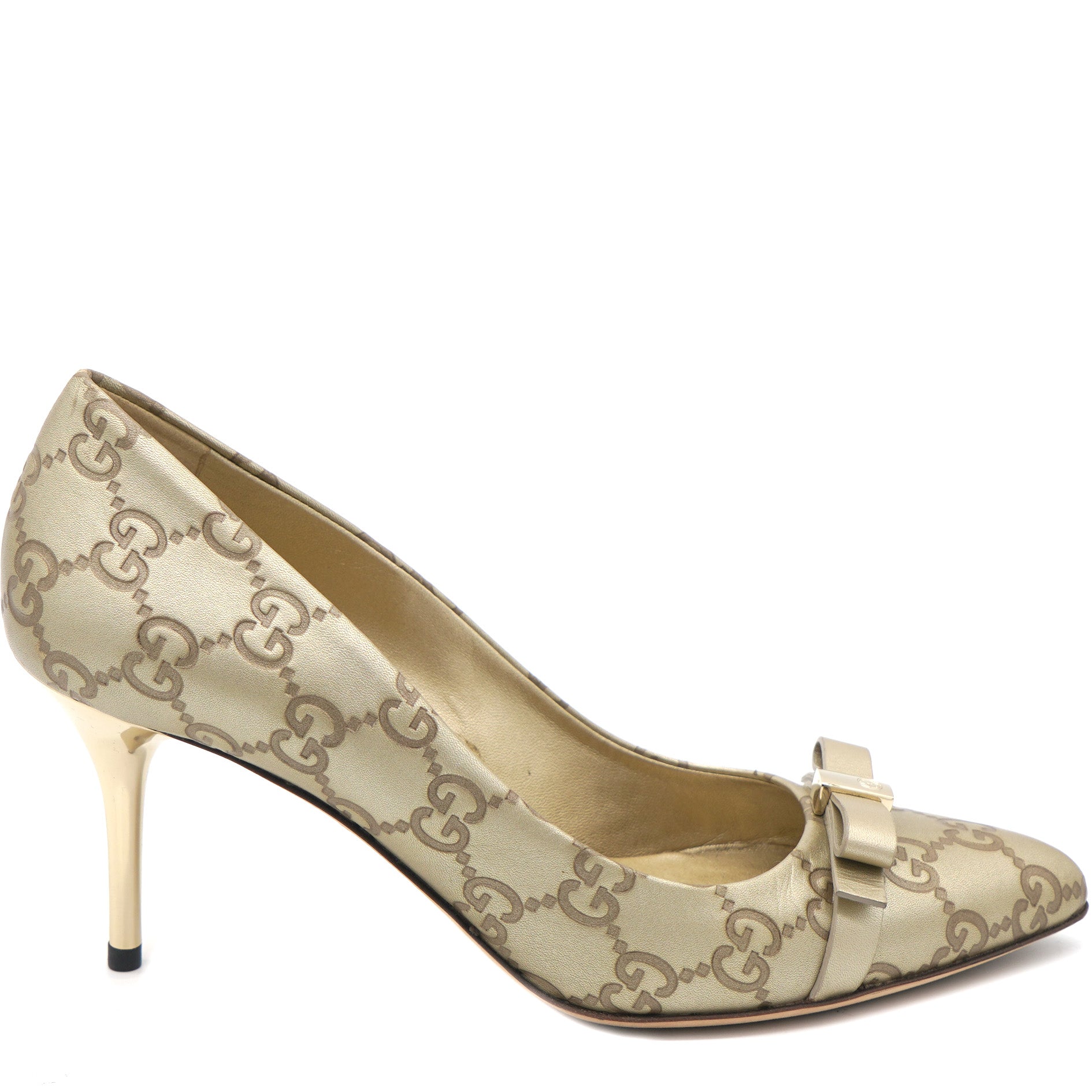 Image of Beige Guccissima Leather Bow Detail Pointed Toe Pumps 36