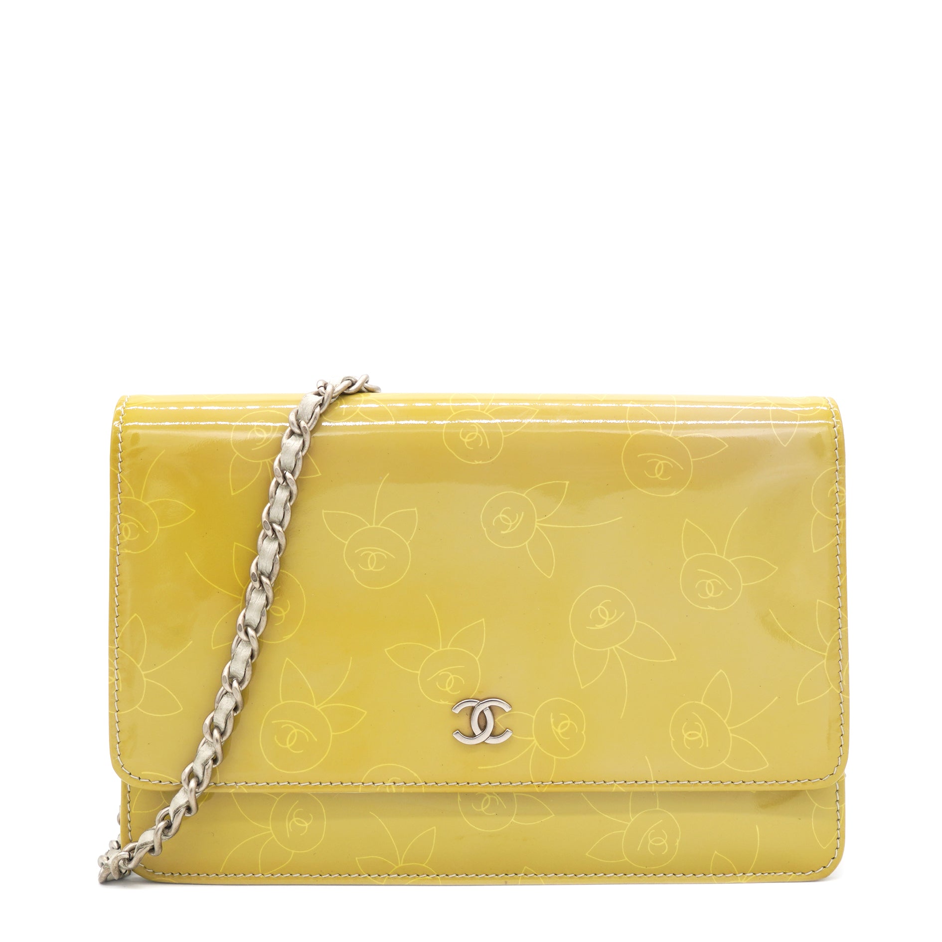 image of Patent Cherry Pattern Wallet on Chain Yellow