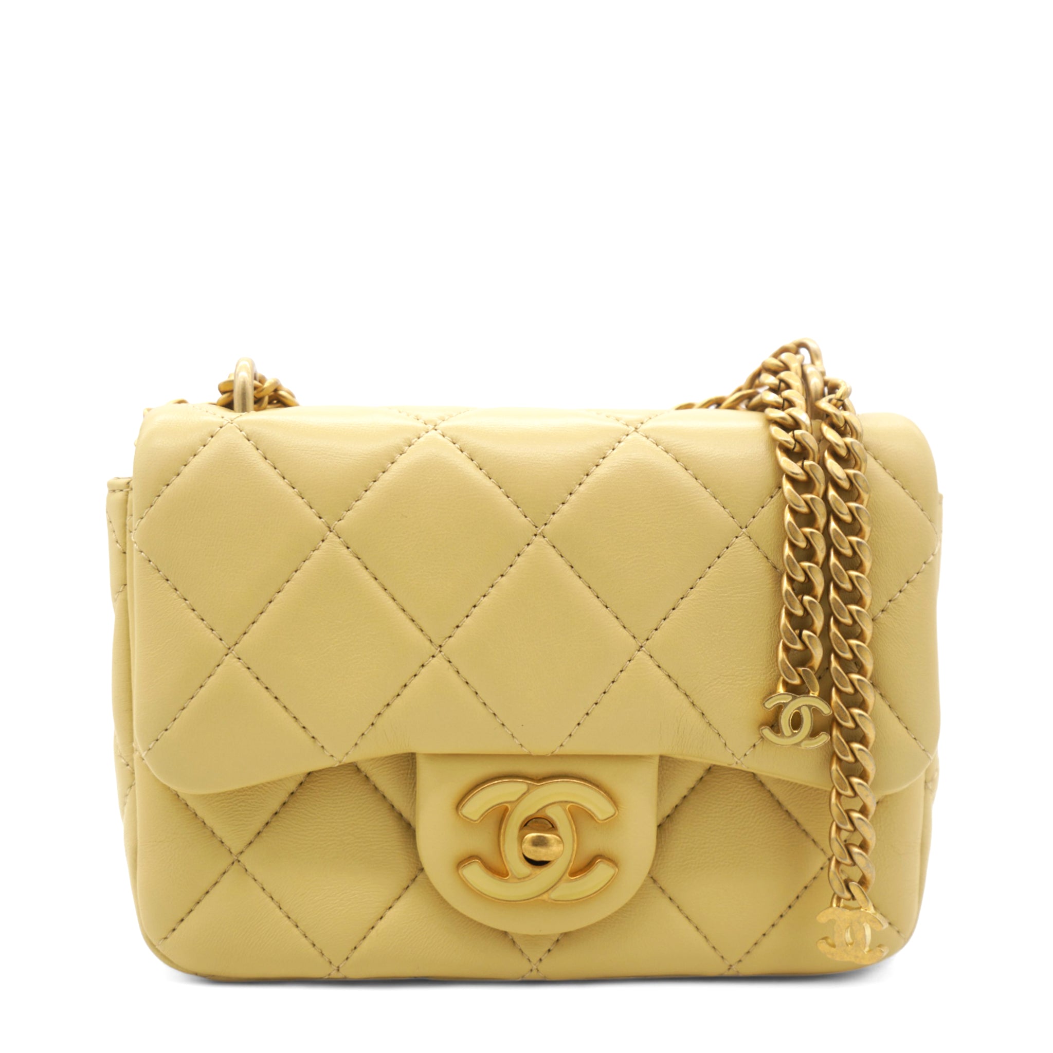 image of Lambskin Enamel Quilted Pending CC Mini Square Flap Yellow