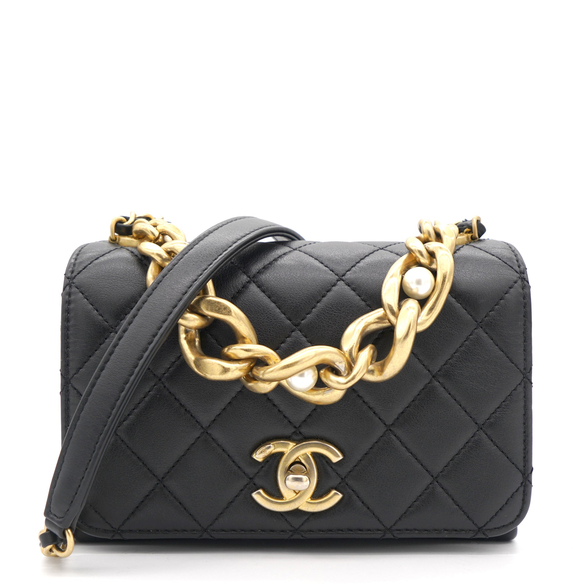 Chanel Crystal Logo Letters Chain Handle Flap Bag Quilted Lambskin Mini  Black 1681893