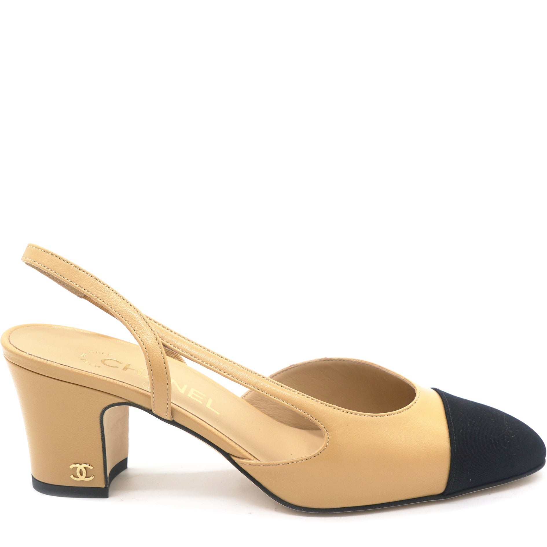 Chanel Black Fabric And beige Leather Slingback 37 – STYLISHTOP