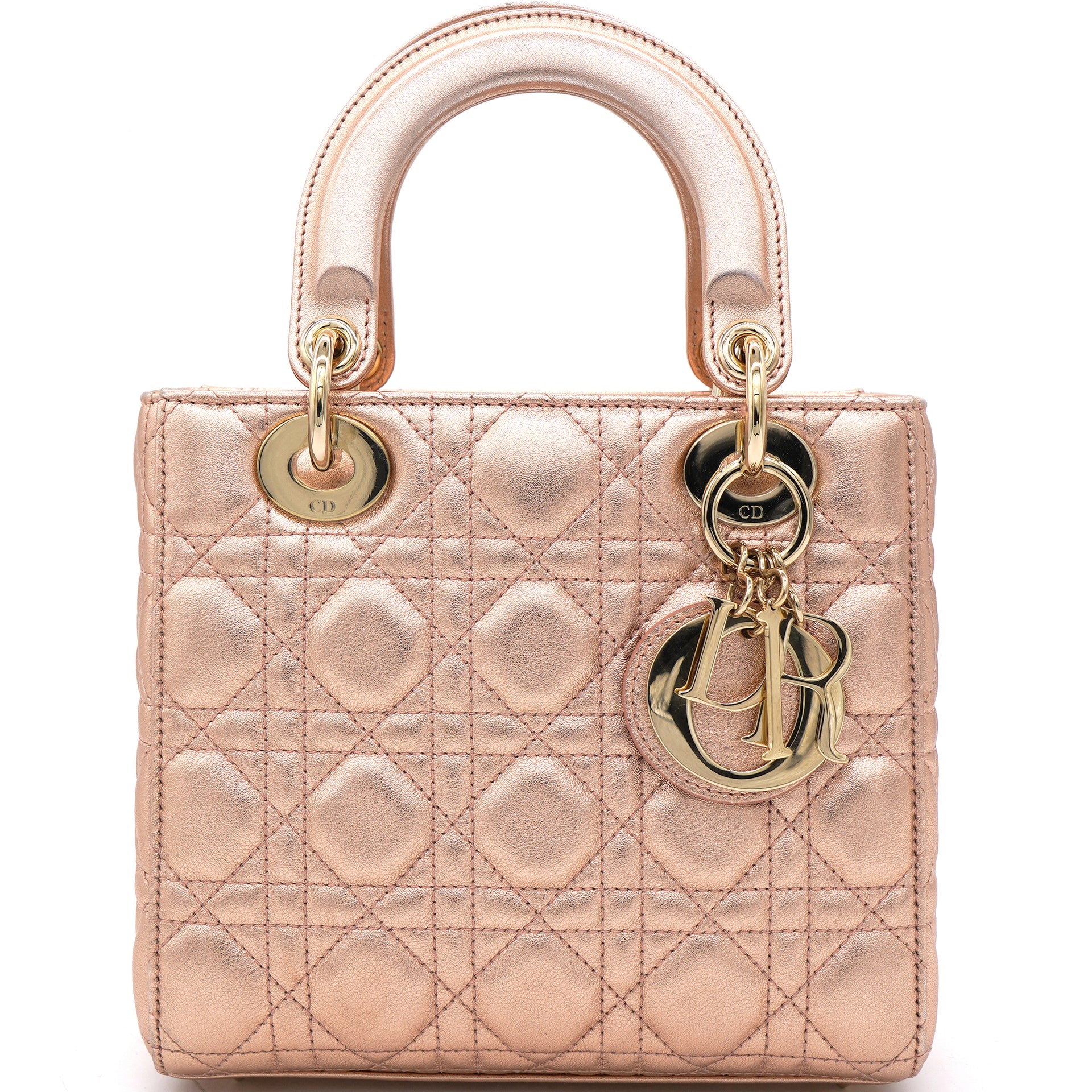 Christian Dior Rose Gold Cannage Leather Small Lady Dior My ABCDior Bag   STYLISHTOP