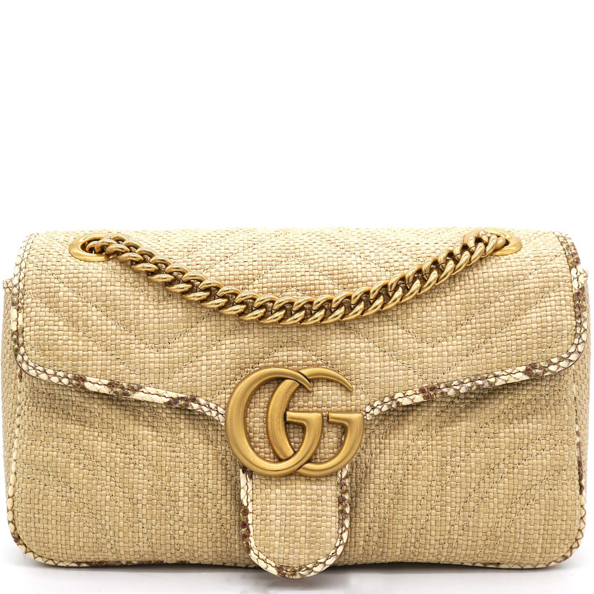 Gucci Raffia Snakeskin Trimmed Matelasse Small GG Marmont Shoulder Bag  Beige – STYLISHTOP