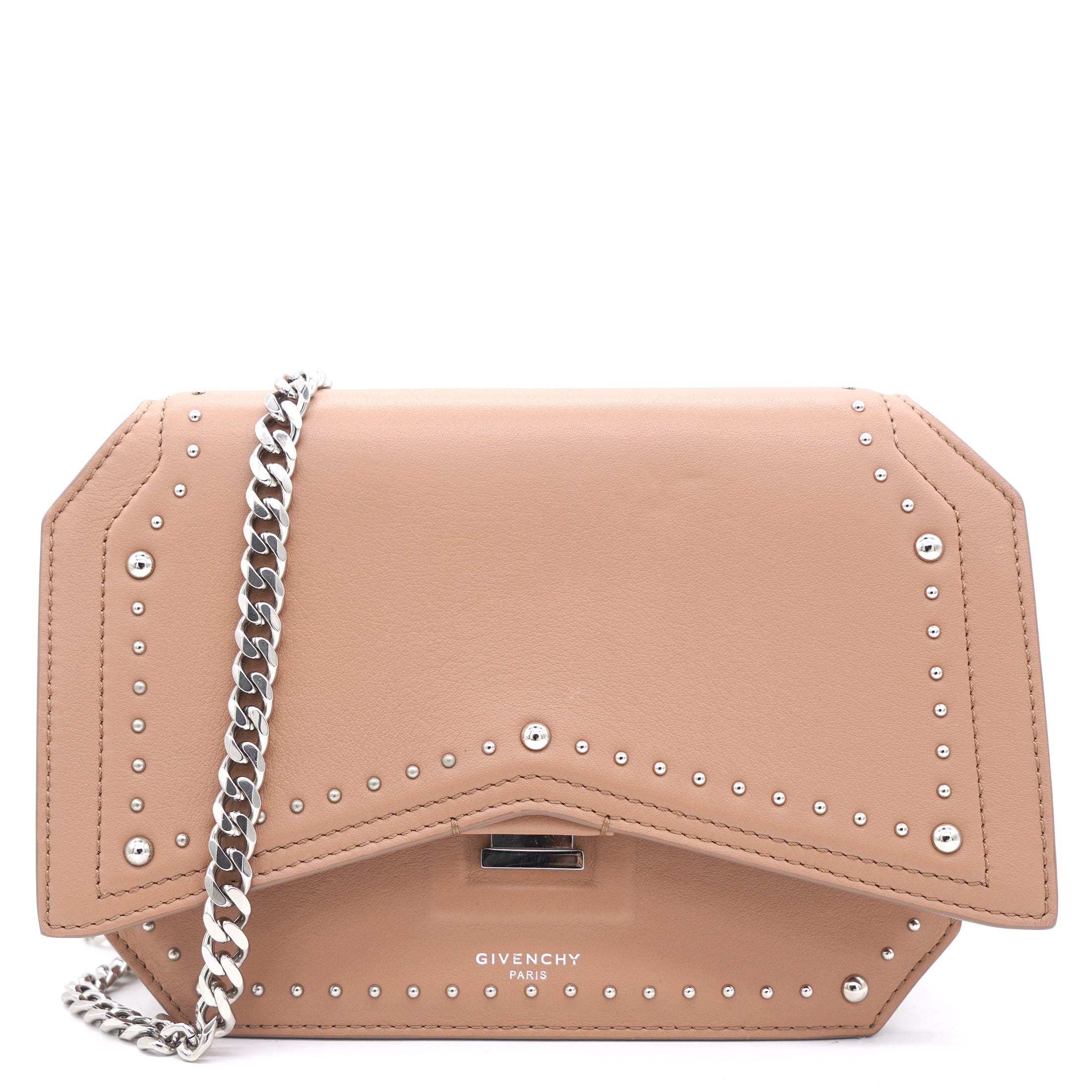 image of Studded Leather Bow Cut Chain Flap Nude Bag