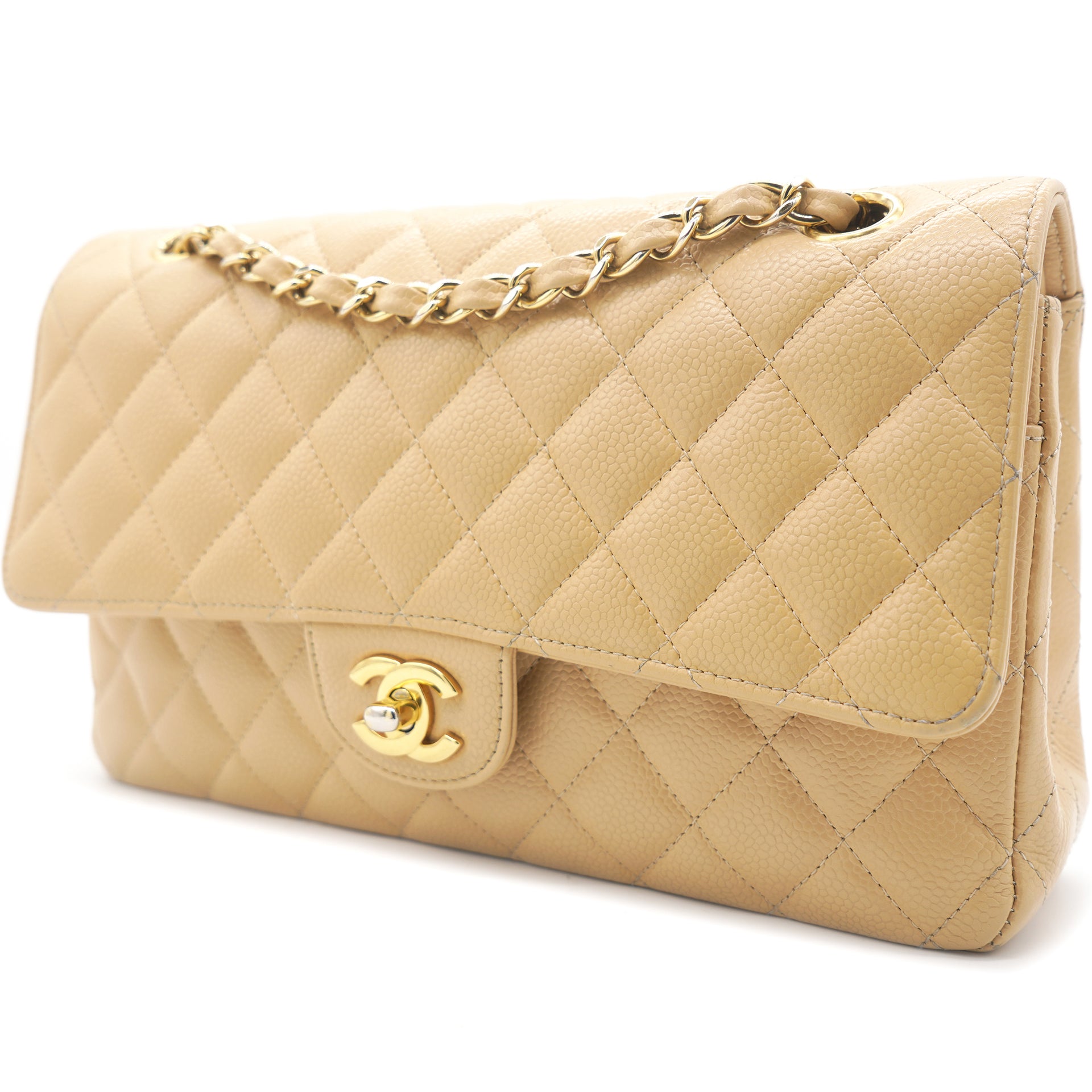 Chanel Caviar Quilted ML Medium Double Flap Beige Clair Gold Hardware   Coco Approved Studio