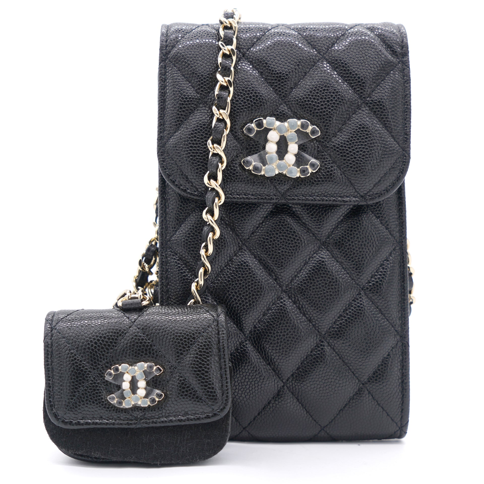 Chanel Caviar Quilted Crystal CC Airpods Pro and Phone Case With Chain  Black – STYLISHTOP